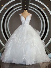 Wedding Dress Order Online, Ball-Gown V-neck Court Train Tulle Wedding Dresses with Appliques Lace