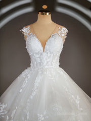 Wedding Dresses Lace Beach, Ball-Gown V-neck Court Train Tulle Wedding Dresses with Appliques Lace