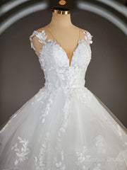 Wedding Dress Classic Elegant, Ball-Gown V-neck Court Train Tulle Wedding Dresses with Appliques Lace