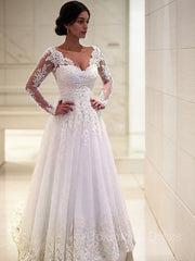 Wedding Dress Bride, Ball Gown V-neck Court Train Tulle Wedding Dresses With Appliques Lace