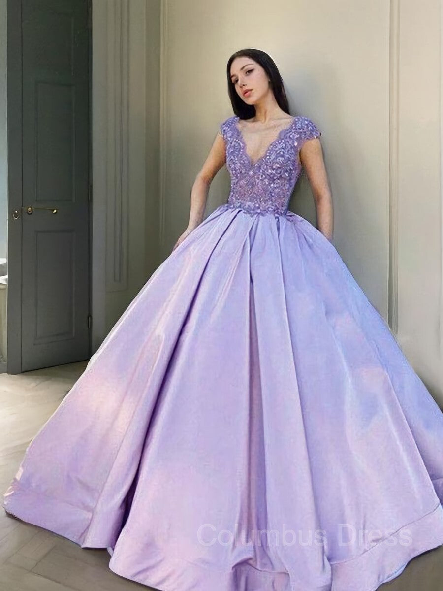 Party Dresses For Over 74S, Ball Gown V-neck Floor-Length Satin Evening Dresses With Beading