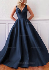Party Dresses Miami, Ball Gown V Neck Sleeveless Satin Sweep Train Prom Dress