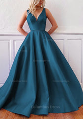 Party Dress For Christmas Party, Ball Gown V Neck Sleeveless Satin Sweep Train Prom Dress