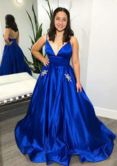 Evening Dress, Ball Gown V Neck Spaghetti Straps Sweep Train Satin Prom Dress With Pockets Beading