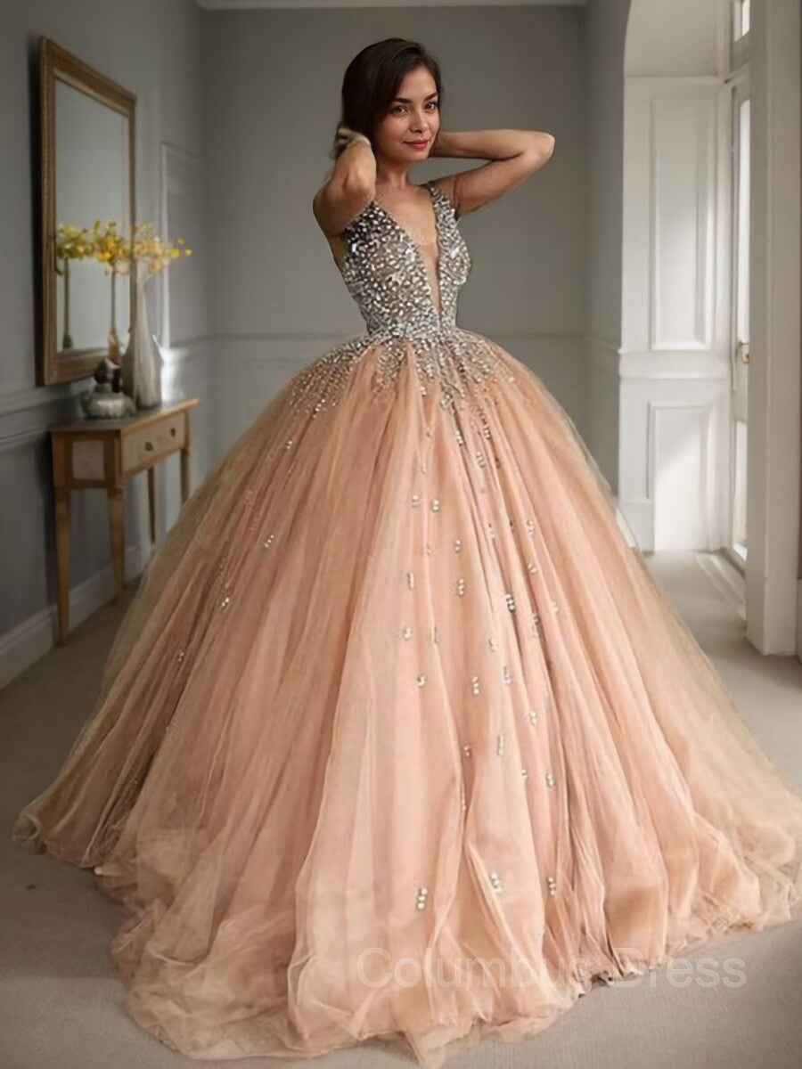 Prom Dresses Chiffon, Ball Gown V-neck Sweep Train Tulle Prom Dresses With Beading