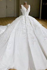 Wedding Dresses Simple, Ball Gown V-neck Wide Strap Short Train Tulle Applique Wedding Dress