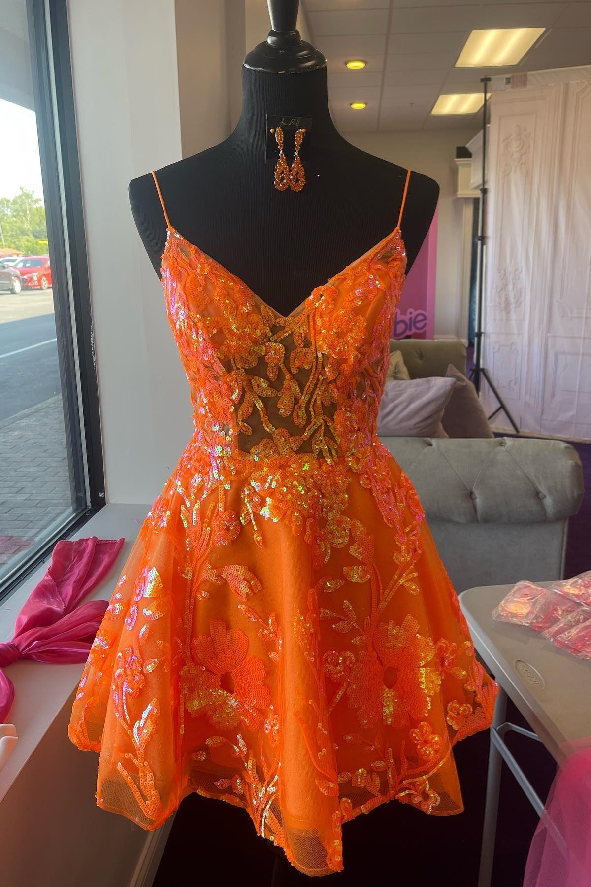 Prom Dress Chiffon, Orange A-line V Neck Straps Sequins-Embroidered Homecoming Dress