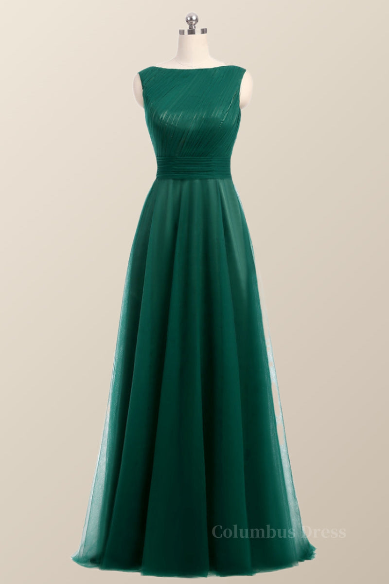 Evening Dresses Long, Bateau Green Tulle Long Bridesmaid Dress