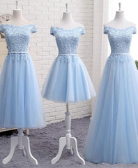 Prom Dresses Unique, Sky Blue A Line Lace Off Shoulder Prom Dress, Lace Evening Dresses