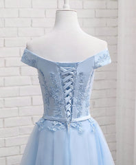 Prom Dress Beautiful, Sky Blue A Line Lace Off Shoulder Prom Dress, Lace Evening Dresses