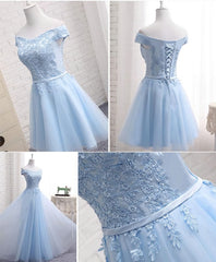 Prom Dresses Classy, Sky Blue A Line Lace Off Shoulder Prom Dress, Lace Evening Dresses