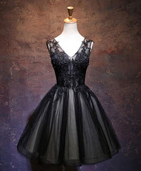 Prom Dresses Ideas, Black V Neck Lace Short Prom Dress, Black Party Dress