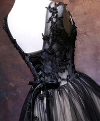 Prom Dresses Unique, Black V Neck Lace Short Prom Dress, Black Party Dress