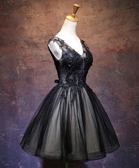 Prom Dress Unique, Black V Neck Lace Short Prom Dress, Black Party Dress