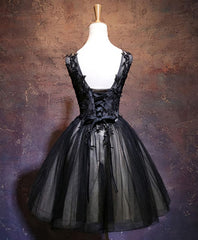 Prom Dress Cheap, Black V Neck Lace Short Prom Dress, Black Party Dress