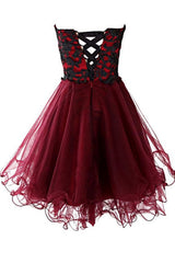 Black Formal Dress, Lovely Cute Appliques Burgundy Sweetheart Organza Lace Up Short Homecoming Dress