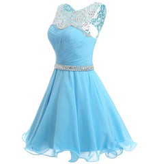 Bridesmaids Dress Trends, Beaded Chiffon Round Neckline Short Party Dress, Blue Chiffon Homecoming Dresses