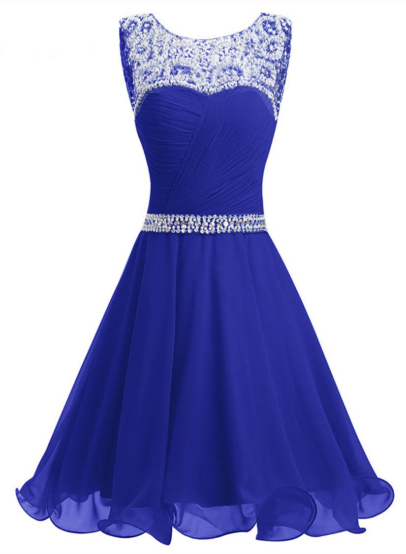 Bridesmaid Dress By Color, Beaded Chiffon Round Neckline Short Party Dress, Blue Chiffon Homecoming Dresses