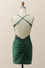 Prom Dresses Tight, Beaded Dark Green Appliques Bodycon Mini Dress