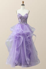 Wedding Inspiration, Beaded Lavender Ruffles A-line Long Prom Dress
