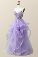 Prom Shoes, Beaded Lavender Ruffles A-line Long Prom Dress