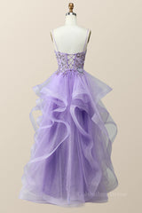 Silk Wedding Dress, Beaded Lavender Ruffles A-line Long Prom Dress