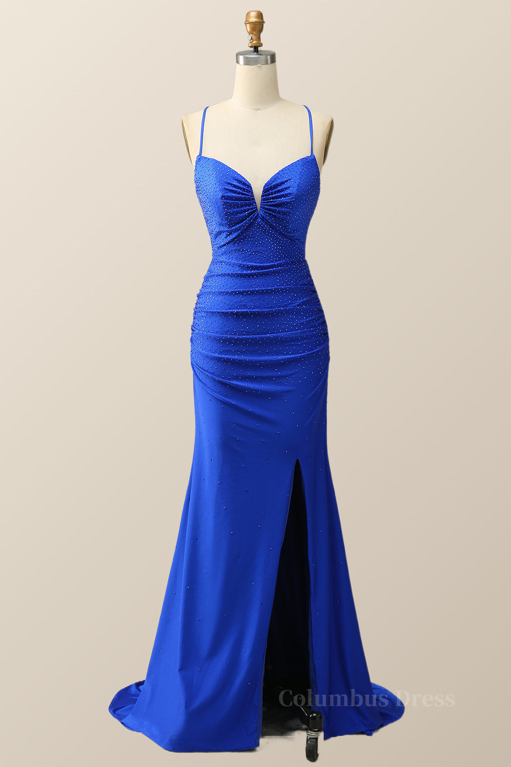 Party Dress Shiny, Beaded Royal Blue Satin Mermaid Long Formal Dress
