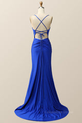 Party Dress Wedding Guest Dress, Beaded Royal Blue Satin Mermaid Long Formal Dress
