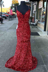 Bachelorette Party Outfit, Beaded Straps Burgundy Sequins Mermaid Long Prom Dress,Evening Dresses Elegant