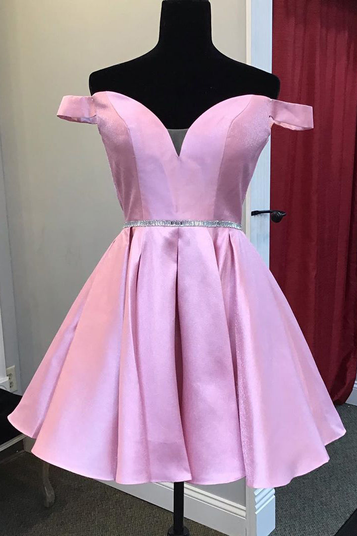 Prom Dress Elegant, Beaded Waist Off the Shoulder Pink Homecoming Dresses,Cocktail Dresses Parties