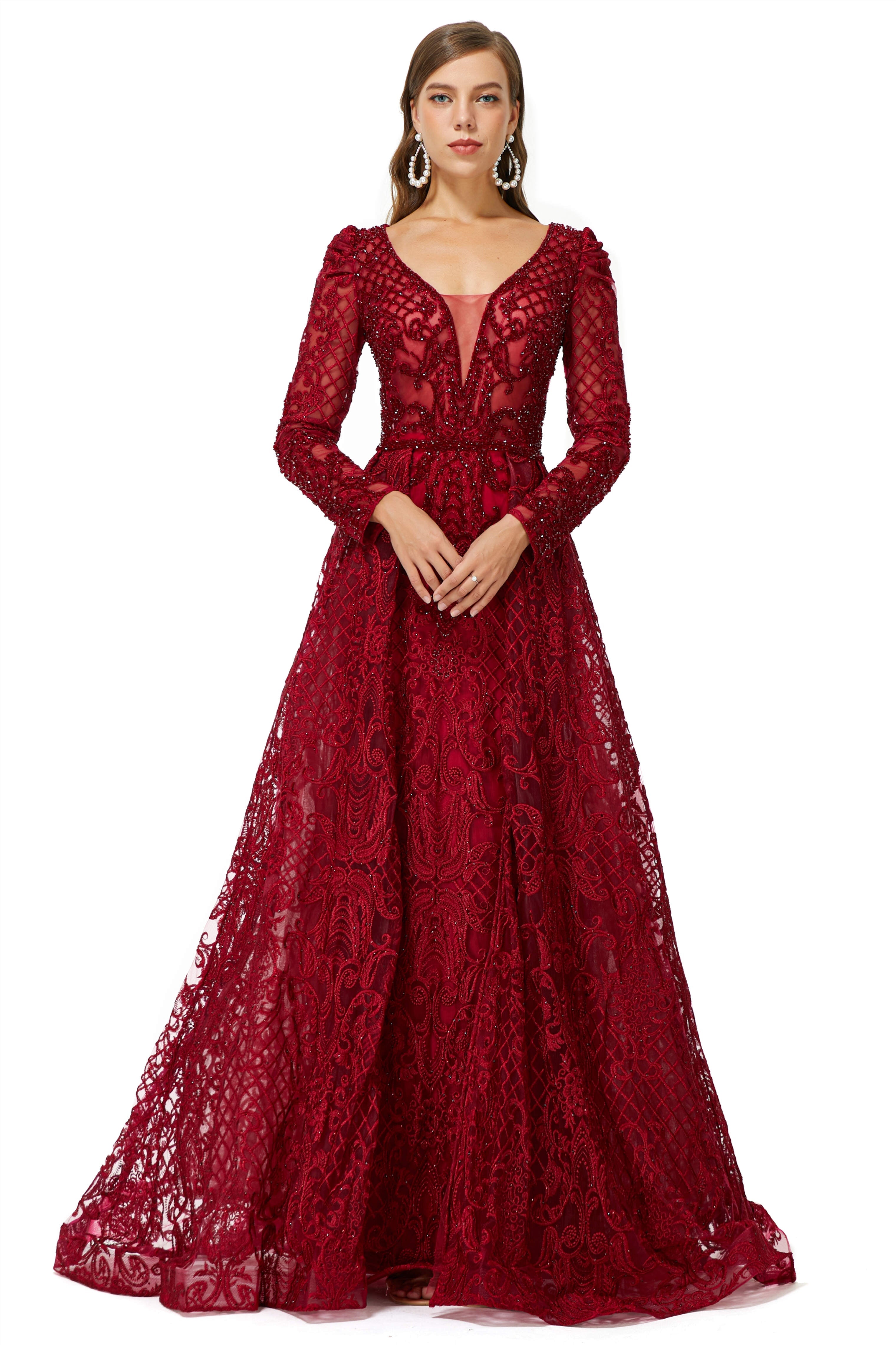 Prom Dress Ideas, Beaded Wine Red Long V neck Sleeves Prom Dresses
