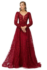 Night Dress, Beaded Wine Red Long V neck Sleeves Prom Dresses