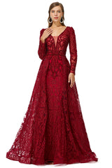 Black Formal Dress, Beaded Wine Red Long V neck Sleeves Prom Dresses