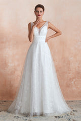 Wedsing Dress Off The Shoulder, Beading Pearls Lace Floor Length Straps V-Back Backless White A-Line Wedding Dresses
