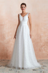 Wedding Dress A Line Sleeves, Beading Pearls Lace Floor Length Straps V-Back Backless White A-Line Wedding Dresses