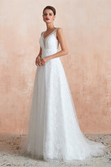 Wedding Dresses A Line Sleeves, Beading Pearls Lace Floor Length Straps V-Back Backless White A-Line Wedding Dresses
