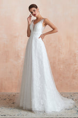 Wedding Dress Order Online, Beading Pearls Lace Floor Length Straps V-Back Backless White A-Line Wedding Dresses