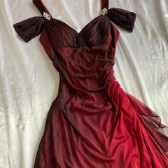 सुंदर एक लाइन पट्टियाँ ओम्ब्रे लाल लंबी शिफॉन प्रोम पोशाक