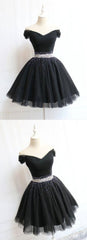 Prom Dresses Dark Blue, Beautiful Cute Charming Black Tulle V Neck Beaded Short Dress, Black Homecoming Dress