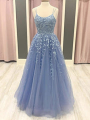 Party Dresses Fall, Beautiful Long A-line Scoop Neck Tulle Lace Formal Prom Dresses