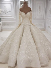Wedding Dress Colored, Beautiful Long Sleevess V neck Appliques Ball Gown Wedding Dress