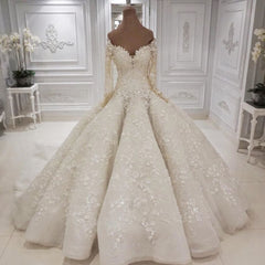 Wedding Dresses Colors, Beautiful Long Sleevess V neck Appliques Ball Gown Wedding Dress
