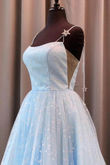Prom Dress Outfit, Beautiful Sky Blue Tulle Star A-line Long Prom Dress, Formal Dresses,maxi dresses