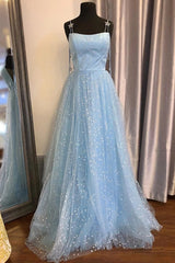 Prom Dress Outfits, Beautiful Sky Blue Tulle Star A-line Long Prom Dress, Formal Dresses,maxi dresses