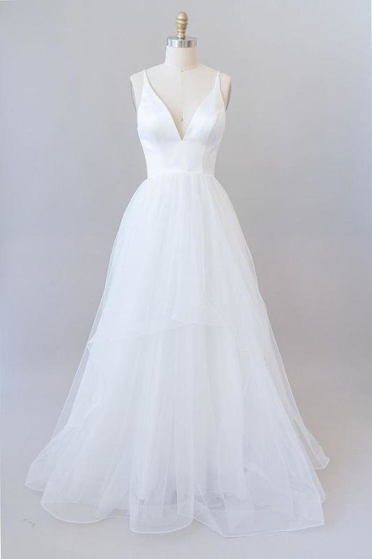 Wedding Dresses Lace A Line, Beautiful V-neck Tulle A-line Wedding Dress