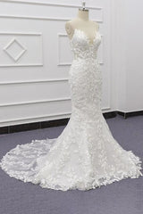 Wedding Dress Elegent, Best Spaghetti Strap Appliques Mermaid Wedding Dress