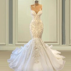 Wedding Dresses Trains, Biztunnel Elegant Long Mermaid Sweetheart Sleeveless Tulle Lace Wedding Dress
