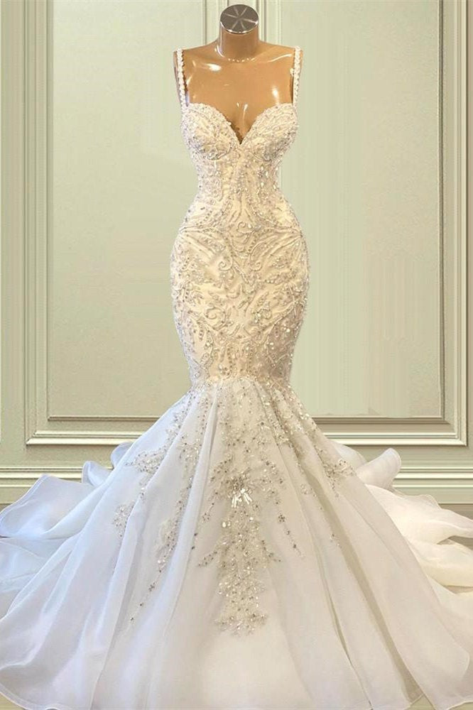 Wedding Dress Train, Biztunnel Elegant Long Mermaid Sweetheart Sleeveless Tulle Lace Wedding Dress