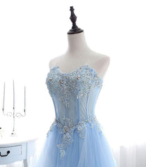 Evening Dress For Wedding Guest, Light Blue Tulle Lace Long Prom Dress, Formal Dress