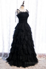 Homecoming Dresses Chiffon, Black A-line Bow Tie Shoulder Ruffle-Layers Maxi Formal Dress
